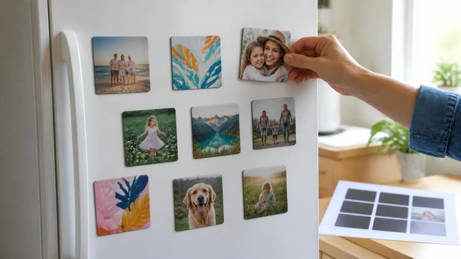 Mano colocando imanes personalizados con fotos en la puerta de una refrigeradora