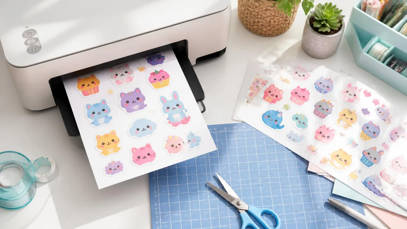 Impresora de tinta imprimiendo una hoja de stickers junto a tijeras y una base de corte