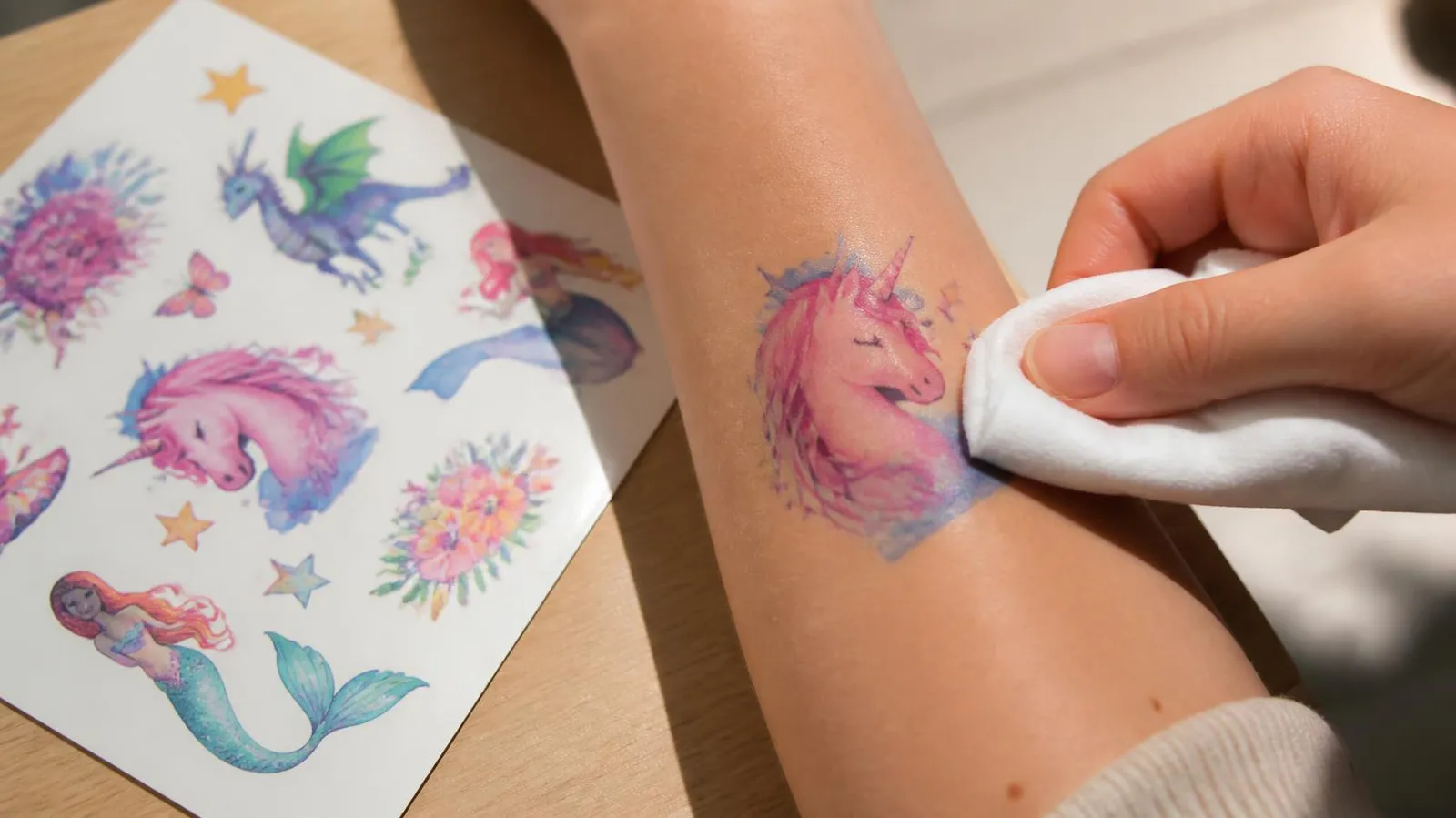 Tatuaje temporal de unicornio aplicado en el brazo con un paño húmedo junto a una hoja de diseños