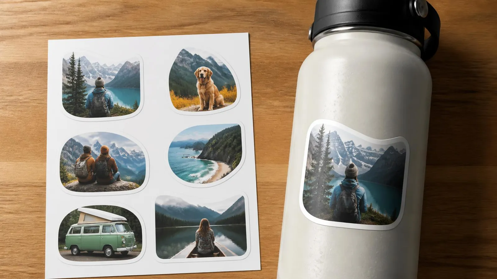 Hoja de stickers en papel fotográfico adhesivo junto a una botella con un sticker de vinil
