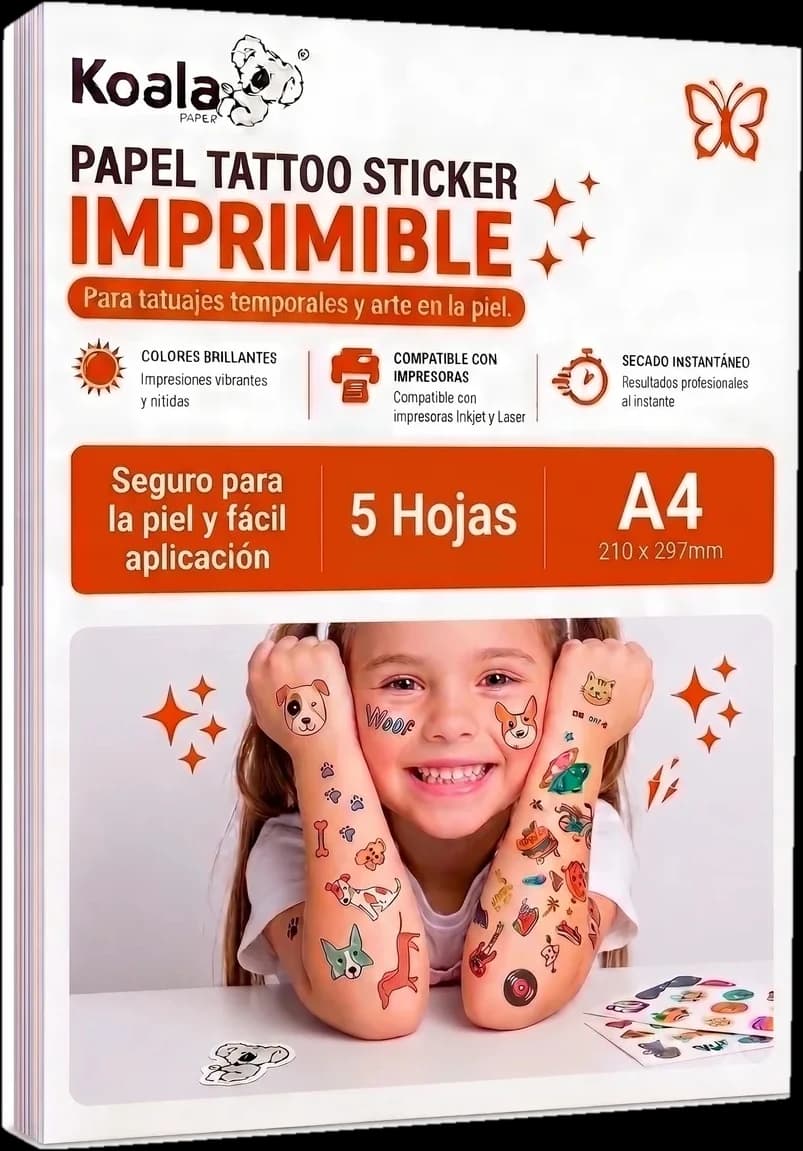 Paquete Koala Paper Papel Tattoo Sticker Imprimible A4, 5 hojas