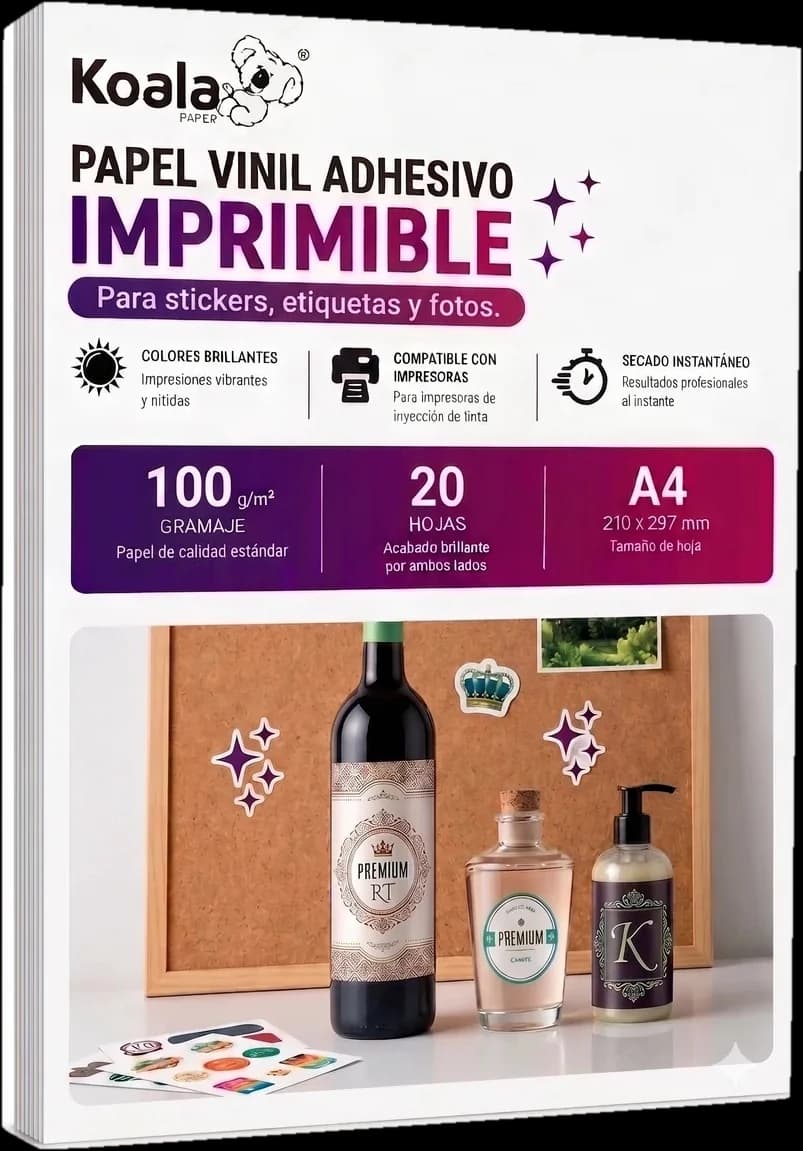 Paquete Koala Paper Papel Vinil Adhesivo Imprimible A4, 100 g/m², 20 hojas
